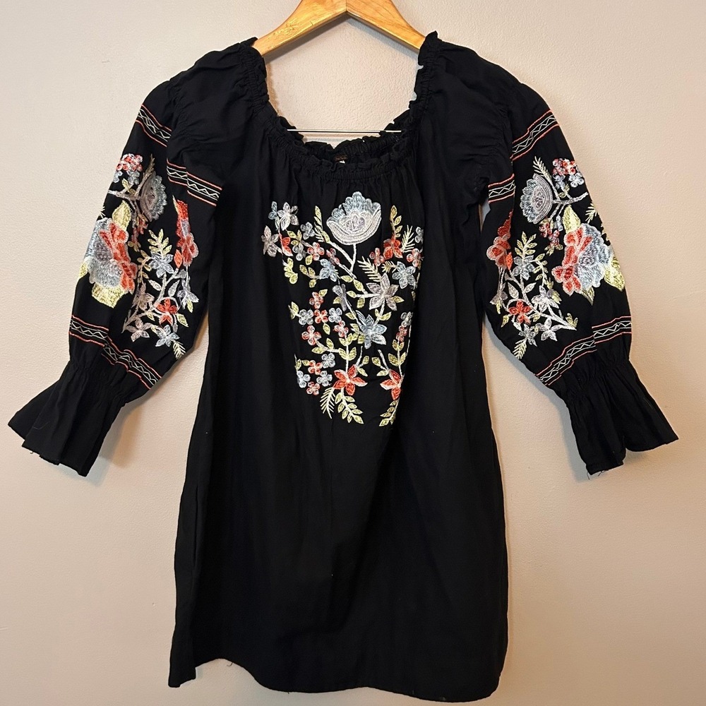 Free People Dress Womens Small Black Boho Floral Tunic Embroidered Off‎ Shoulder